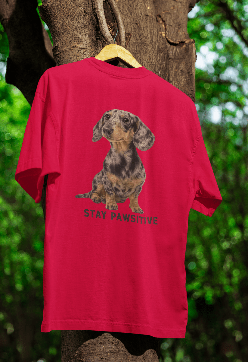 Rotes T-Shirt mit Dackel-Motiv und Schriftzug Stay-Pawsitive im realistischen Tier-Porträt-Stil fuer Hundeliebhaber.