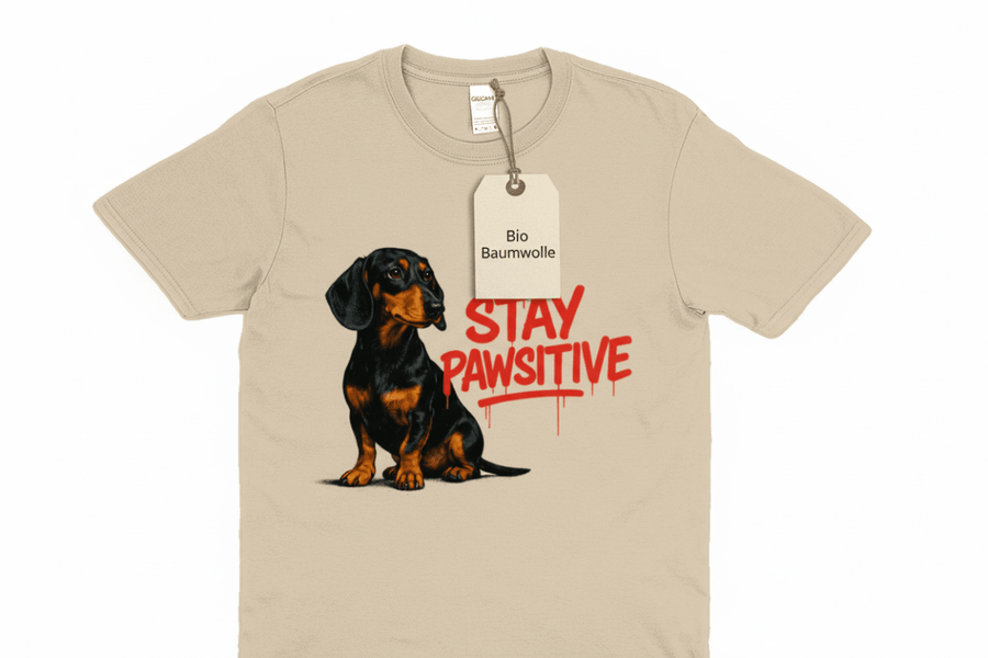 Natur T-Shirt mit Dackel und Schriftzug Stay-Pawsitive im Street-Art-Graffiti-Stil für Hundefreunde.