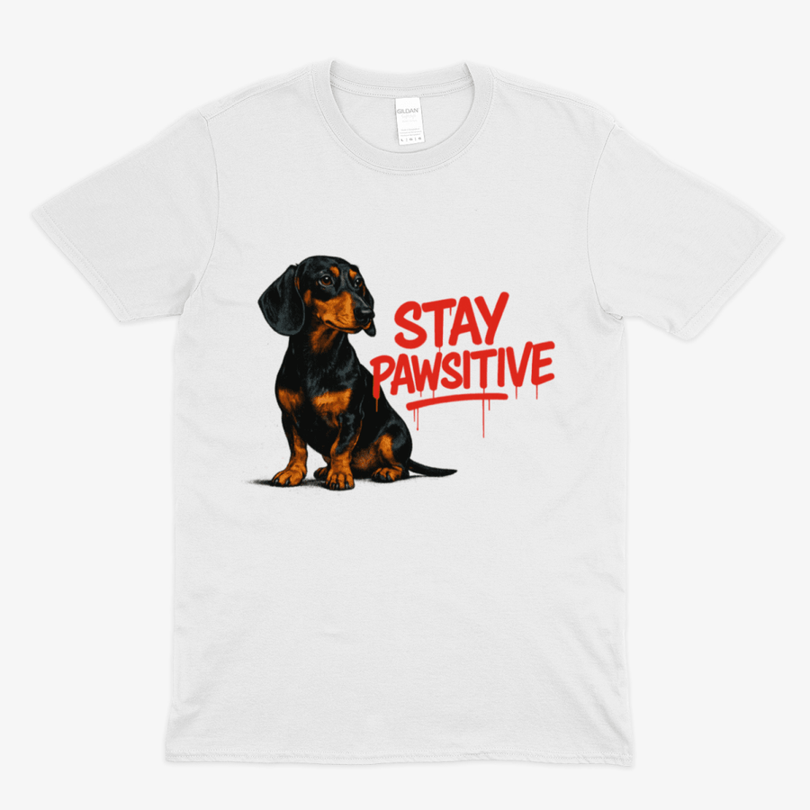 Weißes T-Shirt mit Dackel und rotem Schriftzug Stay-Pawsitive im Street-Art-Graffiti-Stil fuer Hundefreunde.