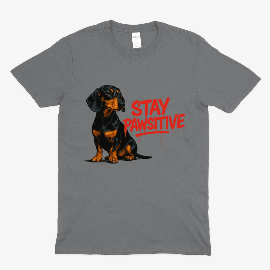 Graues T-Shirt mit Dackel und Schriftzug Stay-Pawsitive im Urban-Graffiti-Stil fuer Hundeliebhaber.