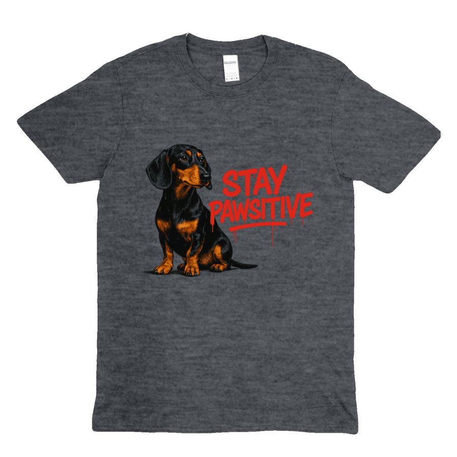 Anthrazites T-Shirt mit Dackel-Motiv und rotem Schriftzug Stay-Pawsitive im Street-Art-Graffiti-Stil fuer Hundefreunde.
