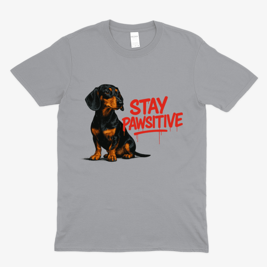 Graues T-Shirt mit Dackel und Schriftzug Stay-Pawsitive im Street-Art-Graffiti-Stil fuer Hundeliebhaber.