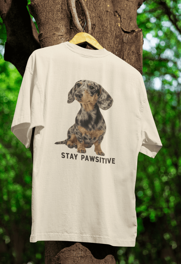 Cremefarbenes T-Shirt mit Dackel-Motiv und Schriftzug Stay-Pawsitive im realistischen Illustrationsstil für Hundeliebhaber.