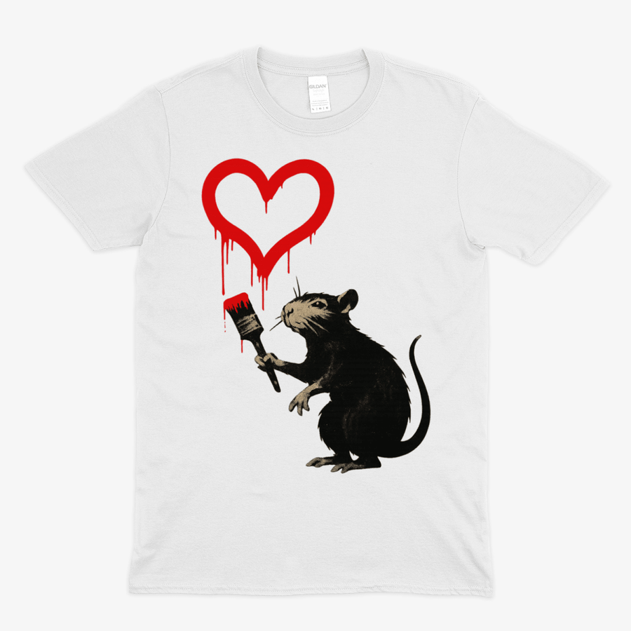Weißes T-Shirt mit Ratte-malt-Herz im Banksy-inspirierten Street-Art-Stil für urbane Kunstliebhaber.