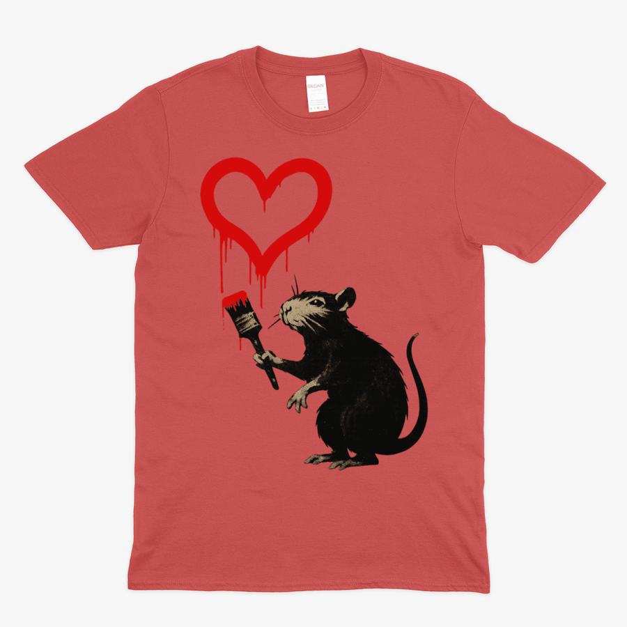 Rotes T-Shirt mit Ratte-malt-Herz im Banksy-inspirierten Street-Art-Stil für Urban-Wear-Fans.