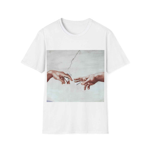Detailansicht eines dunkelgrauen T-Shirts mit ikonischem Kunstmotiv, das eine Paketübergabe im Michelangelo-Stil zeigt, von True Insights