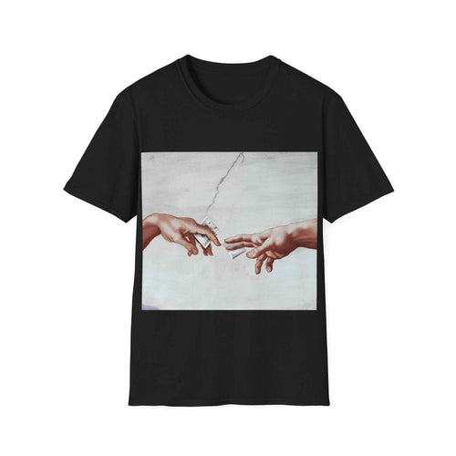 Frontansicht eines dunkelgrauen T-Shirts mit künstlerischer Illustration eines Paketaustauschs nach Michelangelo, von True Insights