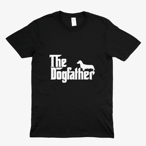Schwarzes T-Shirt mit Schriftzug The-Dogfather und Dackel-Silhouette im Mafia-Parodie-Stil fuer Hundefreunde.