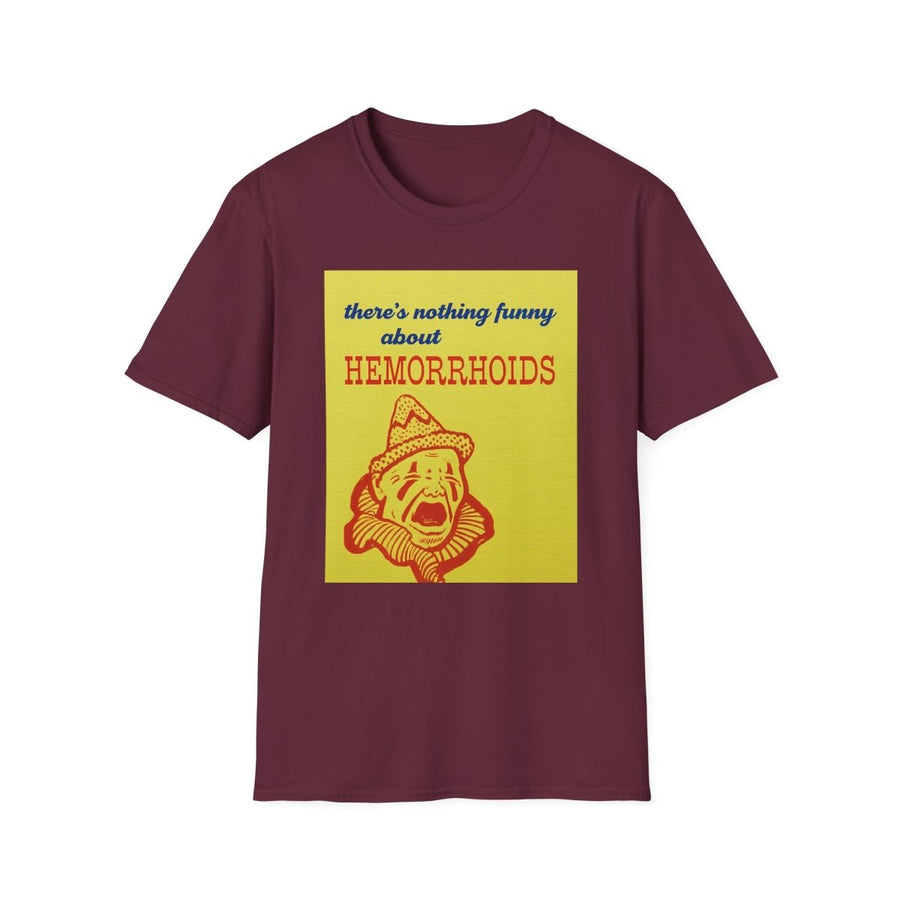 Weinrotes T-Shirt mit gelbem Quadrat und Clown-Motiv im Retro-Horror-Stil zum Thema Hämorrhoiden von True Insights.