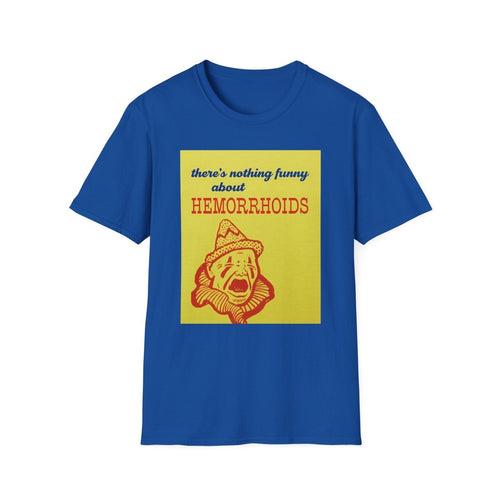 Kobaltblaues T-Shirt mit Retro Horror-Clown und Text über Hämorrhoiden auf gelbem Hintergrund, True Insights.