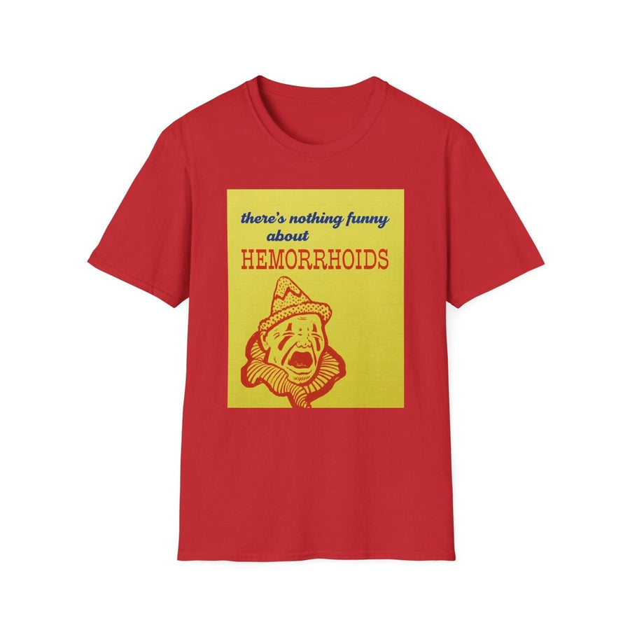 Rotes T-Shirt mit gelbem Kästchen und traurigem Clown im Retro Kinderbuch-Satire-Stil zum Thema Hämorrhoiden von True Insights.