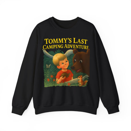 Tommy’s Last Camping Adventure Sweatshirt – Schwarzer Humor trifft Retro-Kinderbuchstil