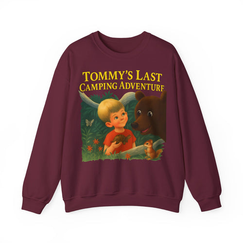 Tommy’s Last Camping Adventure Sweatshirt – Schwarzer Humor trifft Retro-Kinderbuchstil