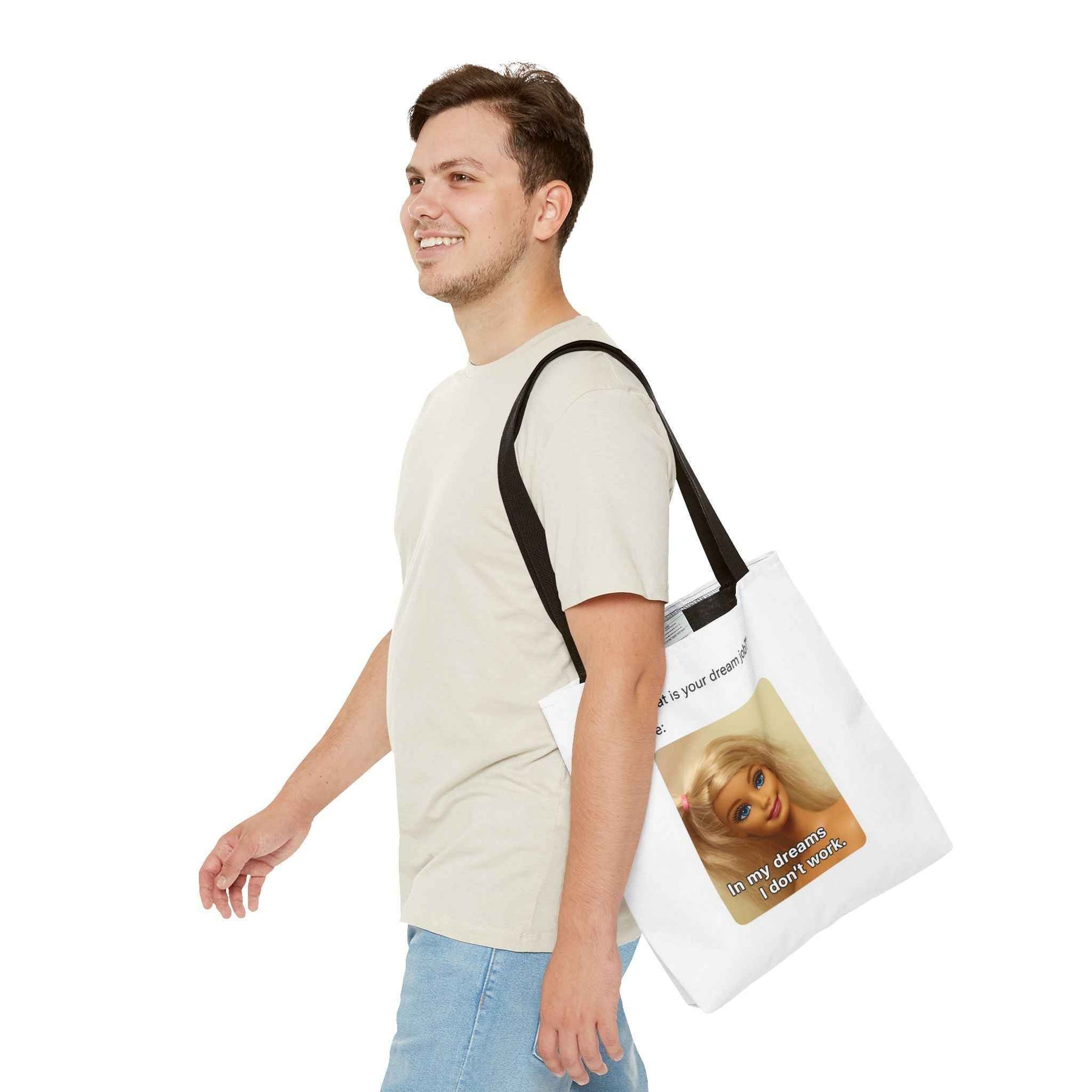 Schwarze Tote Bag mit ikonischem Dream Job Charming Smile Design, frontal fotografiert, mit True Insights Label.