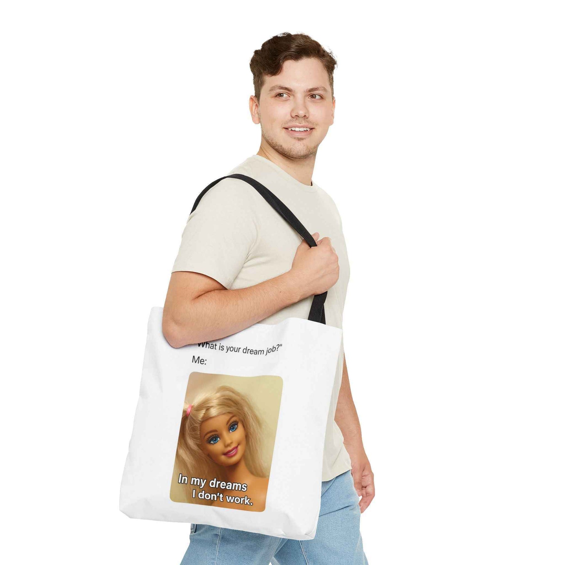 Schwarze Tote Bag mit charmantem Smile-Motiv und Text Dream Job aus seitlichem Blickwinkel, dezent True Insights