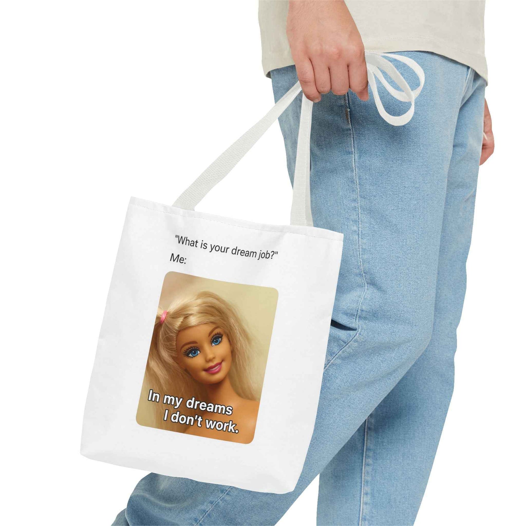 Schwarze Tote Bag mit charmantem Lächeln-Motiv, leicht seitliche Perspektive, von True Insights