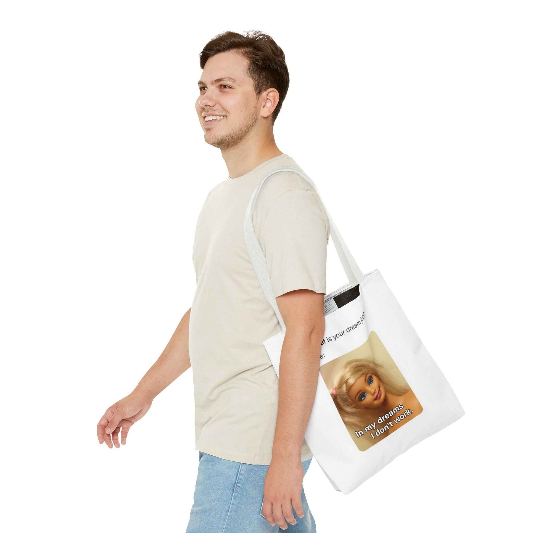 Schwarze Tote Bag mit charmantem Lächeln-Motiv in Detailansicht, modernes Design von True Insights