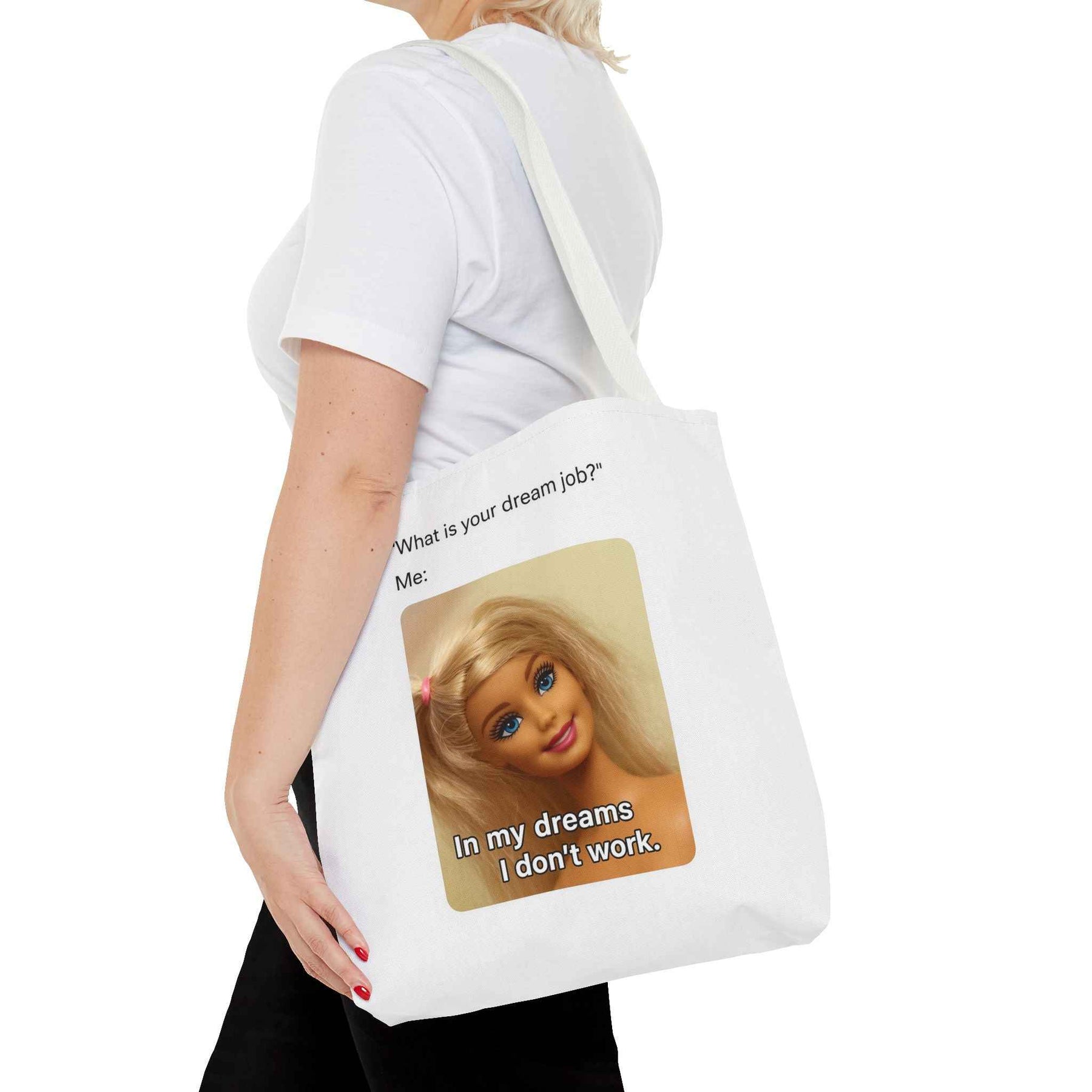 Schwarze Tote Bag mit charmantem Lächeln-Motiv, Rückansicht auf hellem Hintergrund, mit True Insights