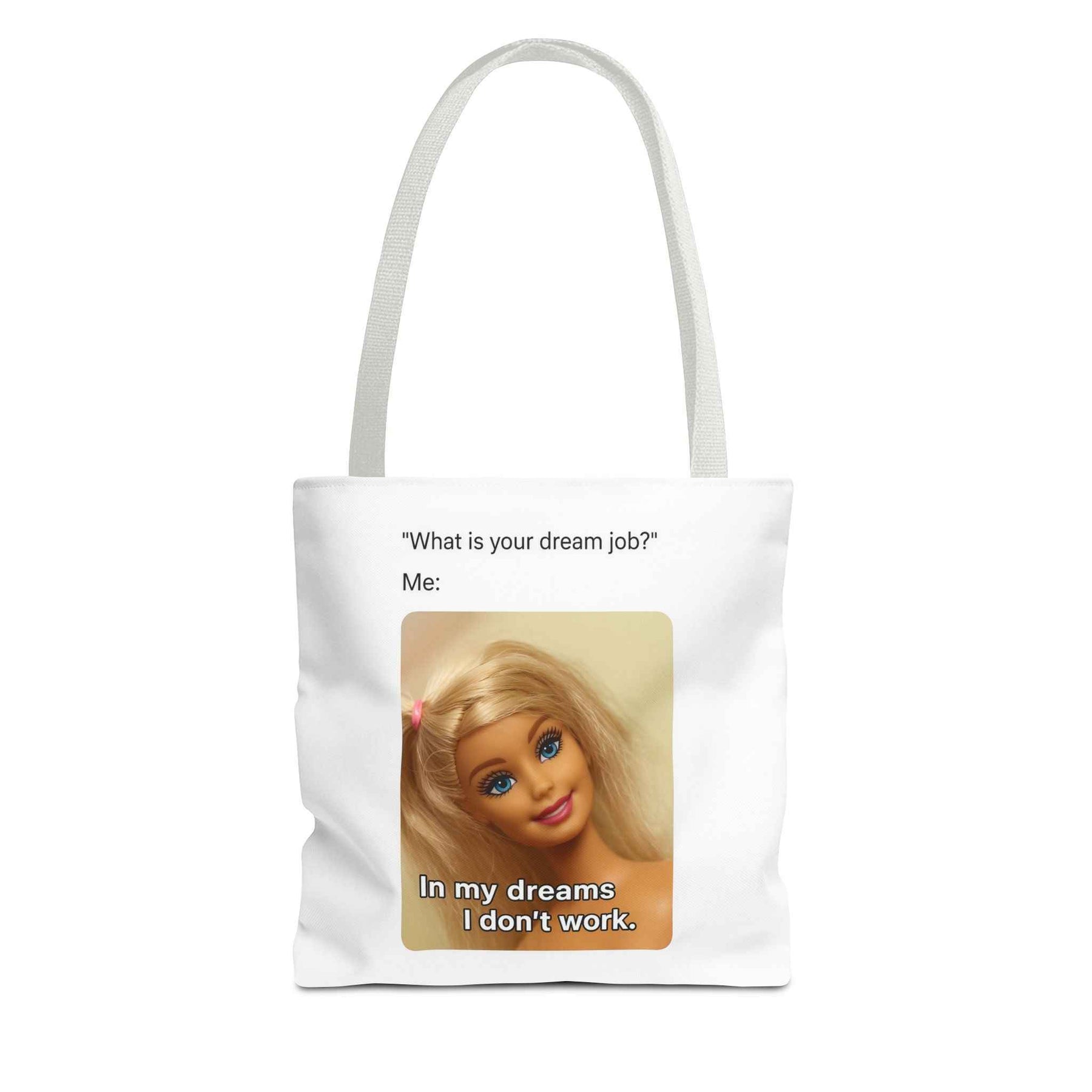 Schwarze Tote Bag mit charmantem Smiley und Dream Job-Schriftzug in seitlicher Ansicht, gestaltet von True Insights
