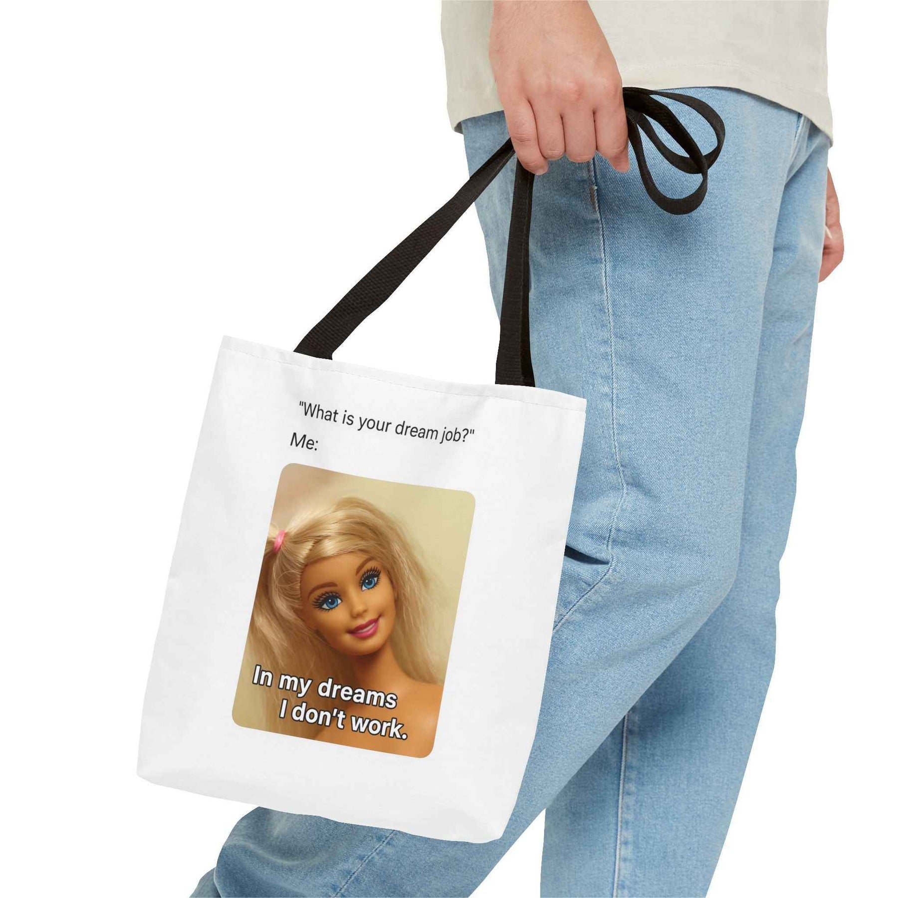 Detailansicht der schwarzen Tote Bag mit charmantem Lächeln-Motiv vor hellem Hintergrund, fotografiert für True Insights