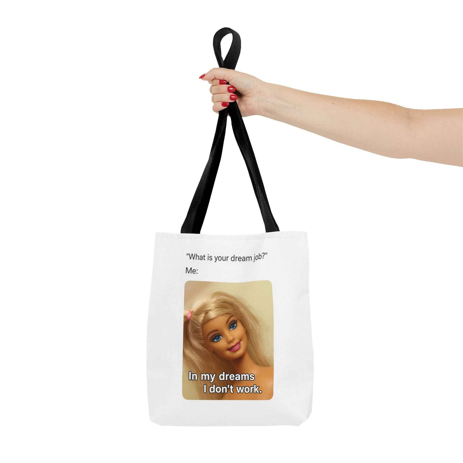 Schwarze Tote Bag mit ikonischem lächelndem Design, seitliche Perspektive, dezentes True Insights Branding