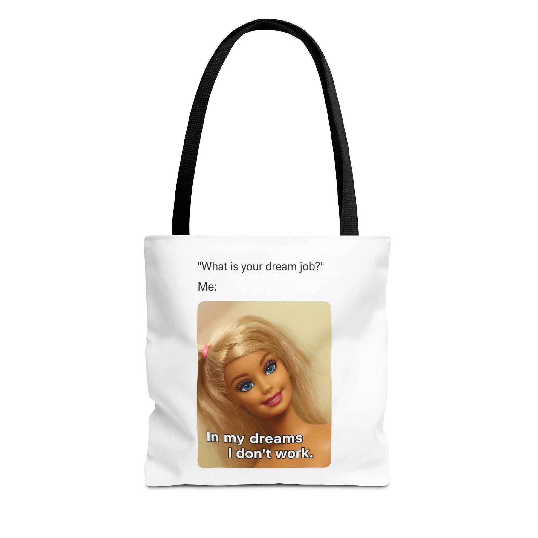 Schwarze Tote Bag mit Dream Job Charming Smile Motiv in Frontansicht, zurückhaltender Hintergrund, von True Insights