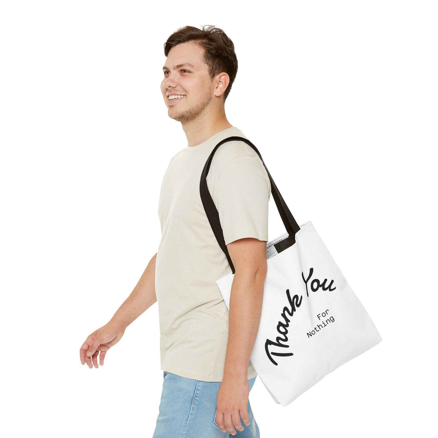 Detailansicht der schwarzen Tote Bag mit „Thank You for Nothing“ Aufdruck, minimalistisches Design von True Insights