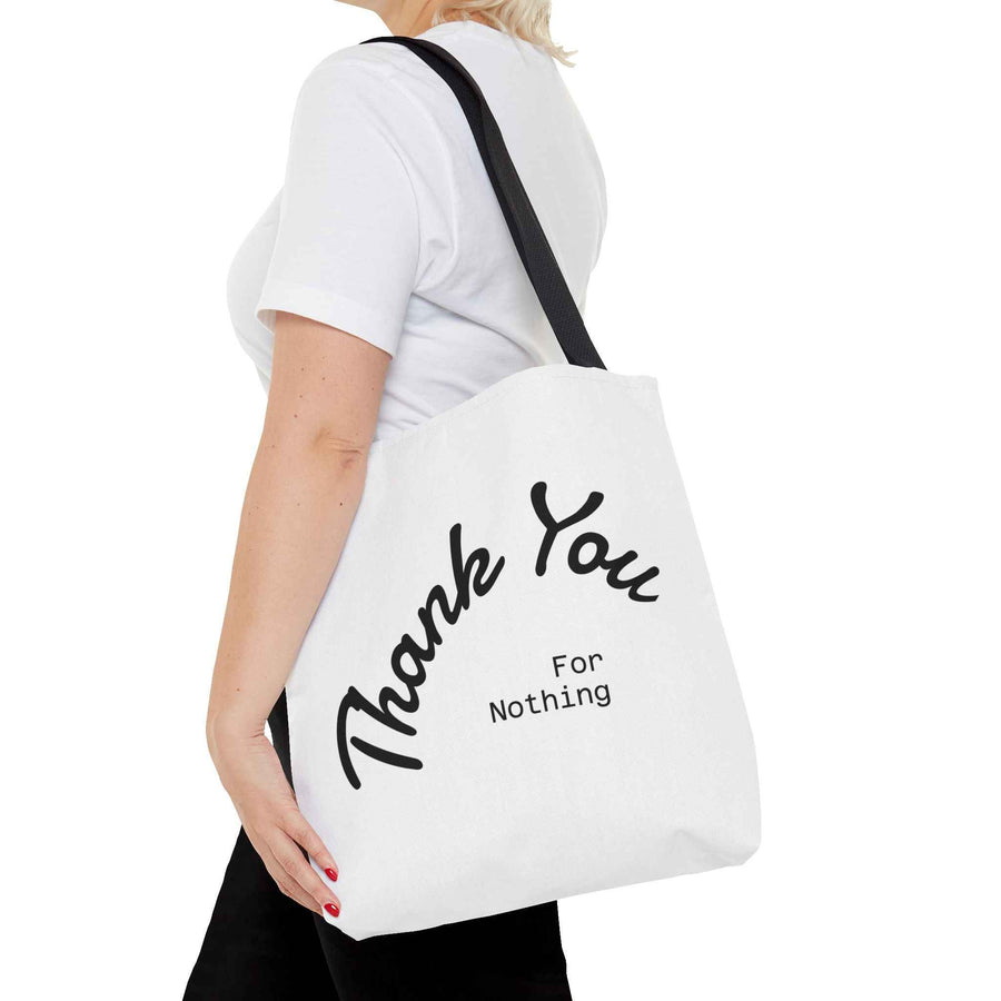 Seitliche Detailansicht einer schwarzen Tote Bag mit Thank You for Nothing Design, Stoffstruktur gut erkennbar, true insights