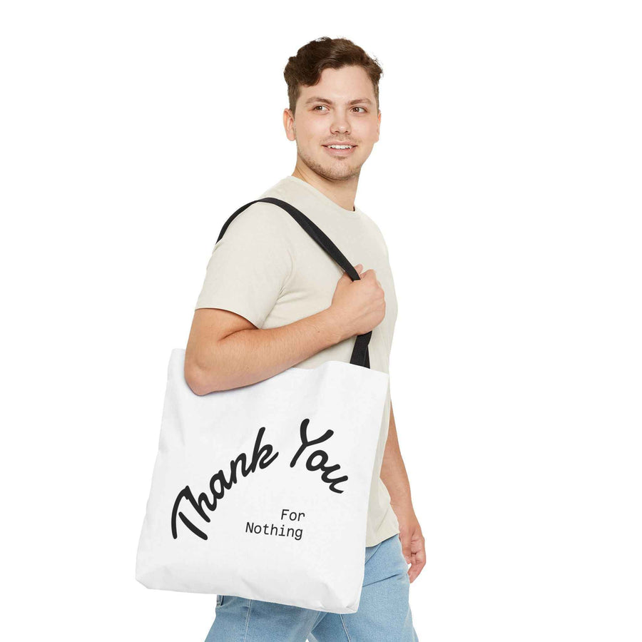Schwarze Tote Bag mit weißem Thank You for Nothing Schriftzug, Fokus auf Stoffdetail von true insights
