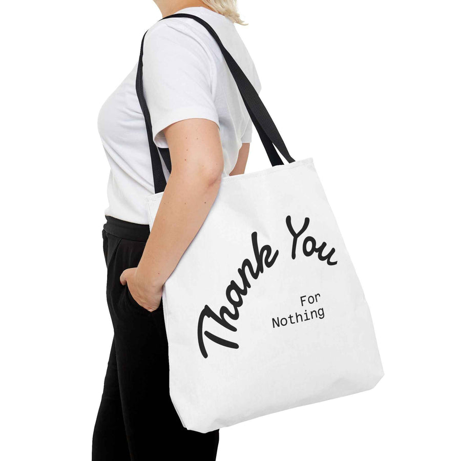 Schwarze Tote Bag mit weißem „Thank You for Nothing“-Aufdruck, leicht von der Seite fotografiert, von True Insights