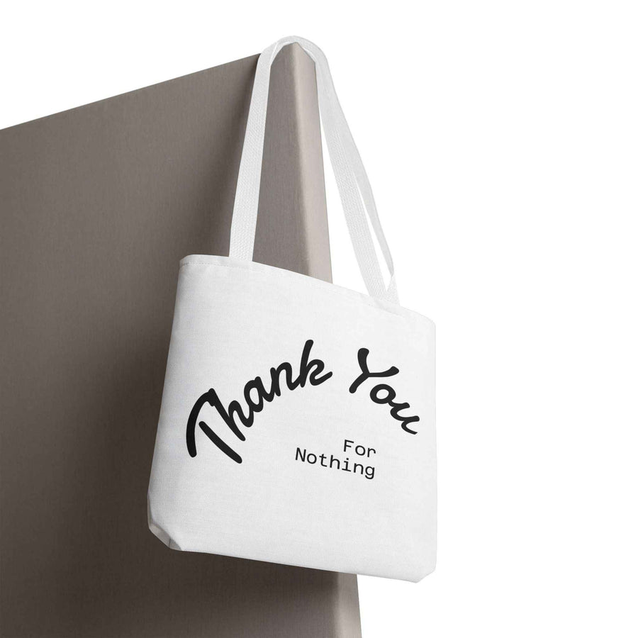 Schwarze Tote Bag mit dem Schriftzug Thank You for Nothing, fotografiert in leichter Schräge, von True Insights