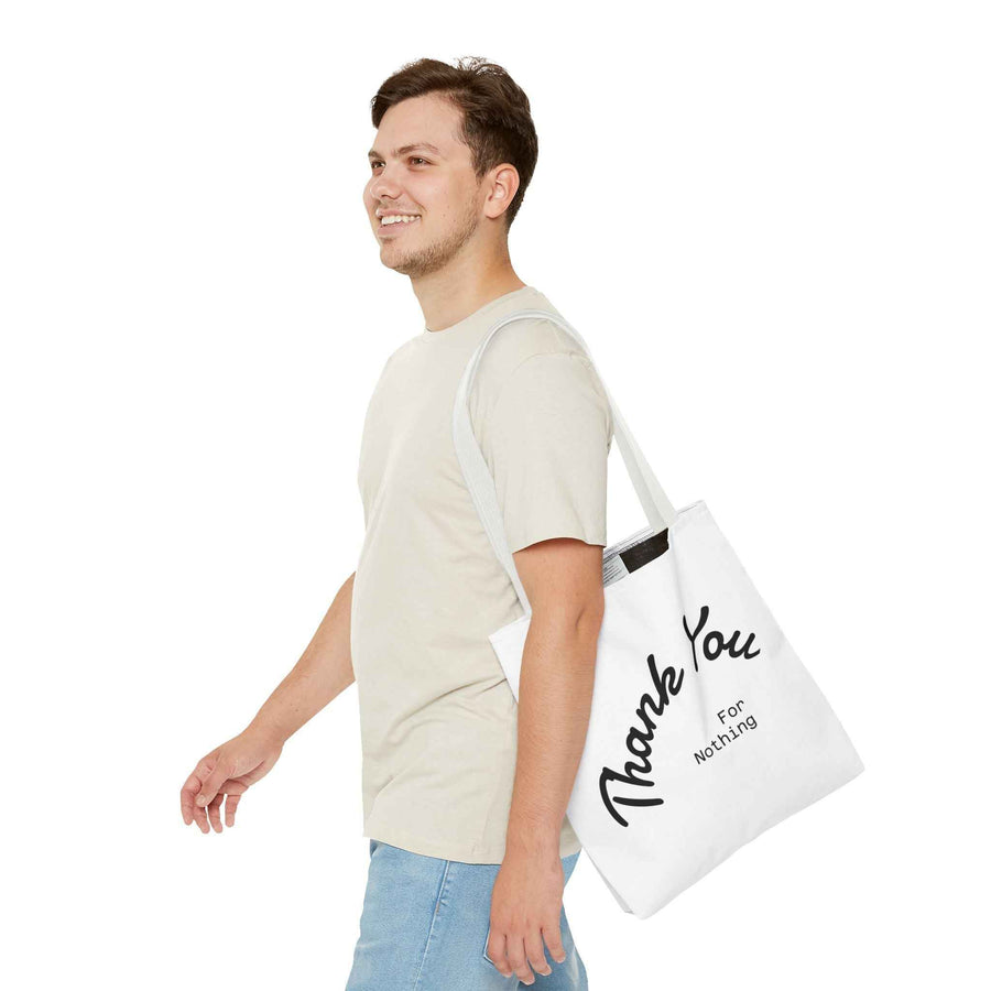 Schwarze Tote Bag mit Thank You for Nothing Schriftzug, leicht seitliche Ansicht, dezent gebrandet mit True Insights