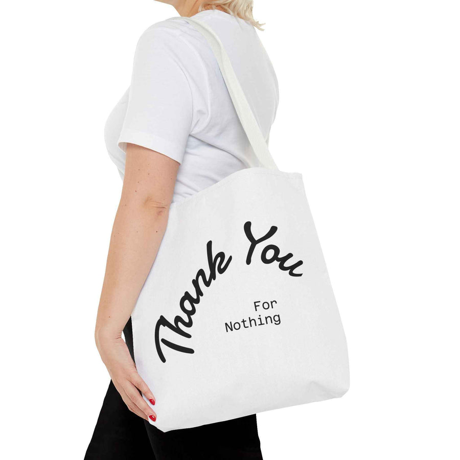 Schwarze Tote Bag mit dem Schriftzug „Thank You for Nothing“ auf der Vorderseite in perspektivischer Ansicht, von True Insights