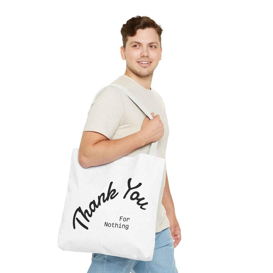 Schwarze Tote Bag mit weißem Thank You for Nothing Schriftzug in Nahaufnahme, Design von True Insights