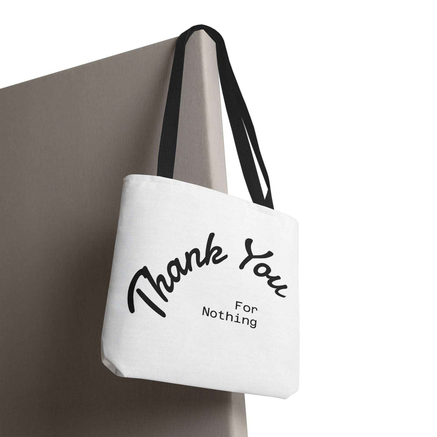 Schwarze Tote Bag mit dem Aufdruck Thank You for Nothing aus schräger Perspektive, von True Insights