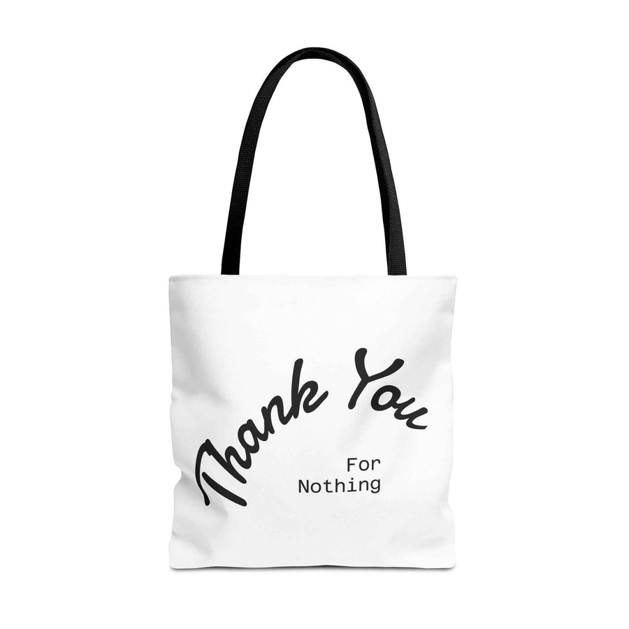 Schwarze Tote Bag mit weißem Thank You for Nothing Schriftzug in auffälligem Design, Detailansicht von True Insights