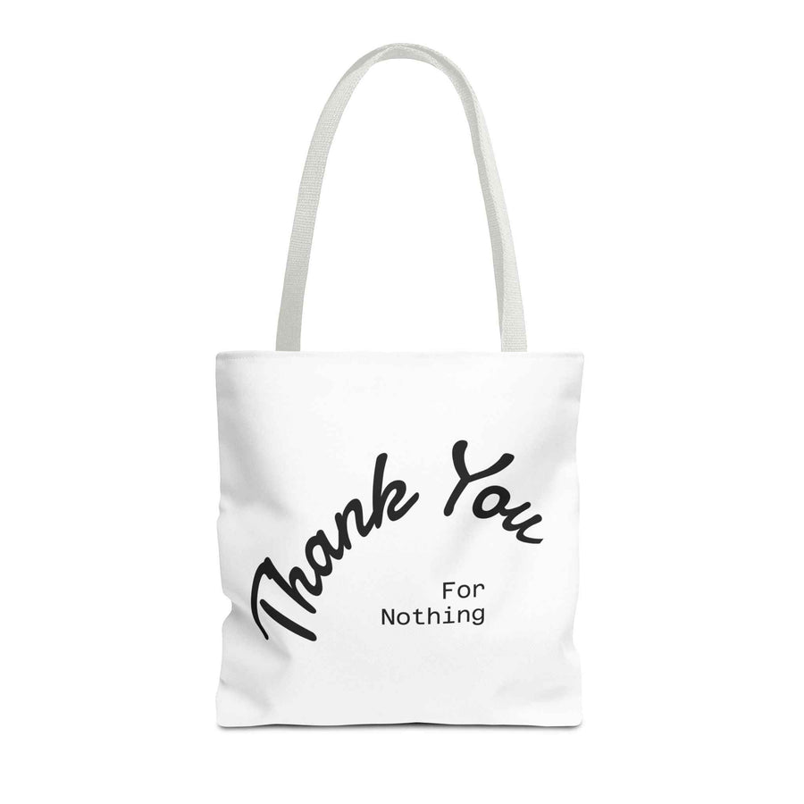 Schwarze Tote Bag mit dem Text „Thank You for Nothing“ in moderner Schrift, Seitenansicht, von True Insights.