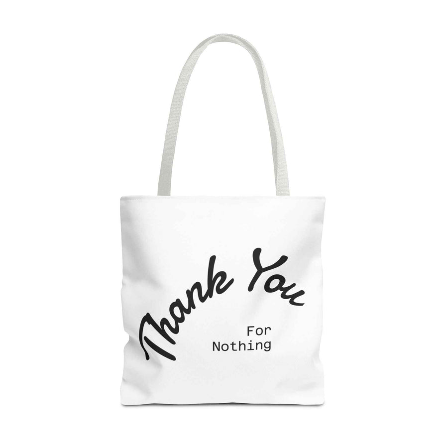 Detailansicht der schwarzen Tote Bag mit weißem Thank You for Nothing Design und sichtbarer Stoffstruktur, von True Insights