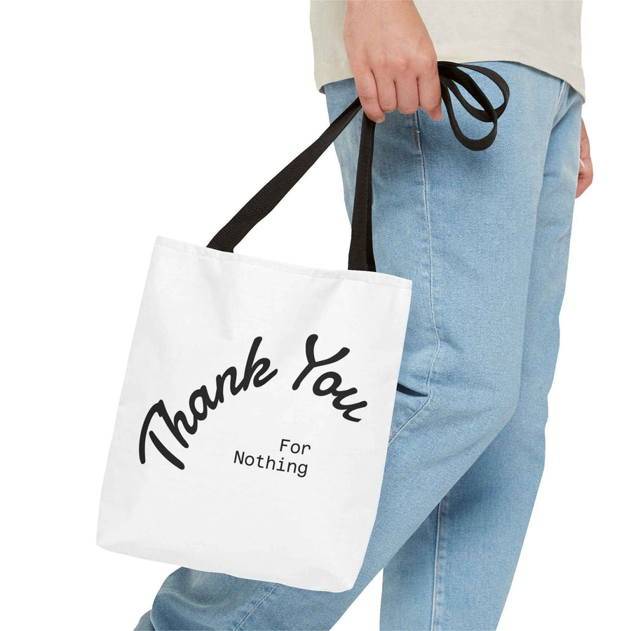 Schwarze Tote Bag mit auffälligem Thank You for Nothing Print als Detailansicht, versehen mit dem Label True Insights
