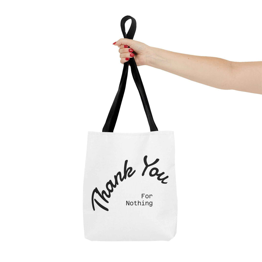 Schwarze Tote Bag mit weißem „Thank You for Nothing“-Schriftzug, Nahaufnahme der oberen Tasche, von True Insights