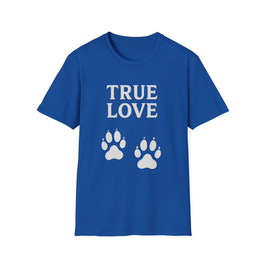 Kobaltblaues T-Shirt mit weißem Schriftzug True Love und zwei Pfotabdrücken für Hundeliebhaber von True Insights.