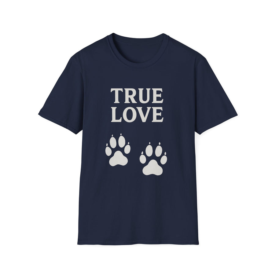 Dunkelblaus T-Shirt mit der Aufschrift True Love und zwei weißen Hundepfoten von True Insights.