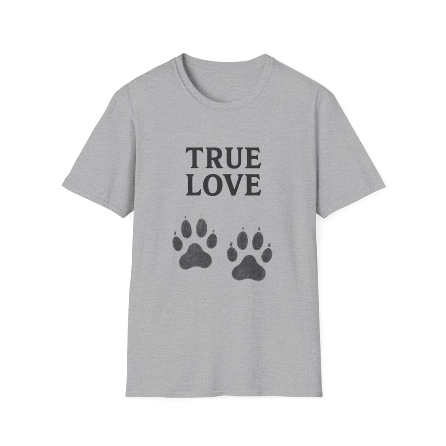 Graumeliertes T-Shirt mit schwarzem Text True Love und zwei Hundepfoten-Abdrücken, Minimaldesign für Hundeliebhaber von True Insights.