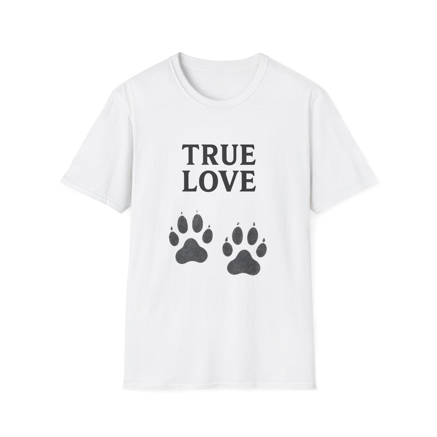 Weißes T-Shirt mit schwarzem Text True Love und zwei Tierpfoten-Motiven im minimalistischen Design von True Insights.