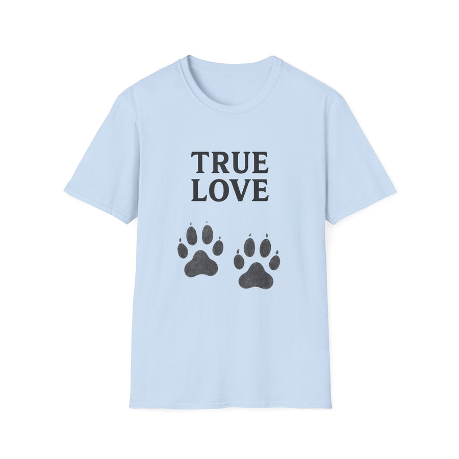 Hellblues T-Shirt mit schwarzem Text True Love und zwei Hundepfoten-Motiven, True Insights.