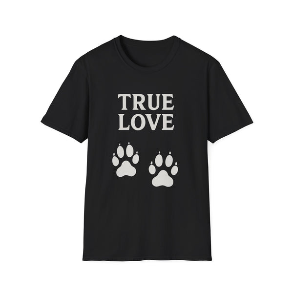Schwarzes T-Shirt mit weißem Text True Love und zwei Pfotenprinten im minimalistischen Design von True Insights.