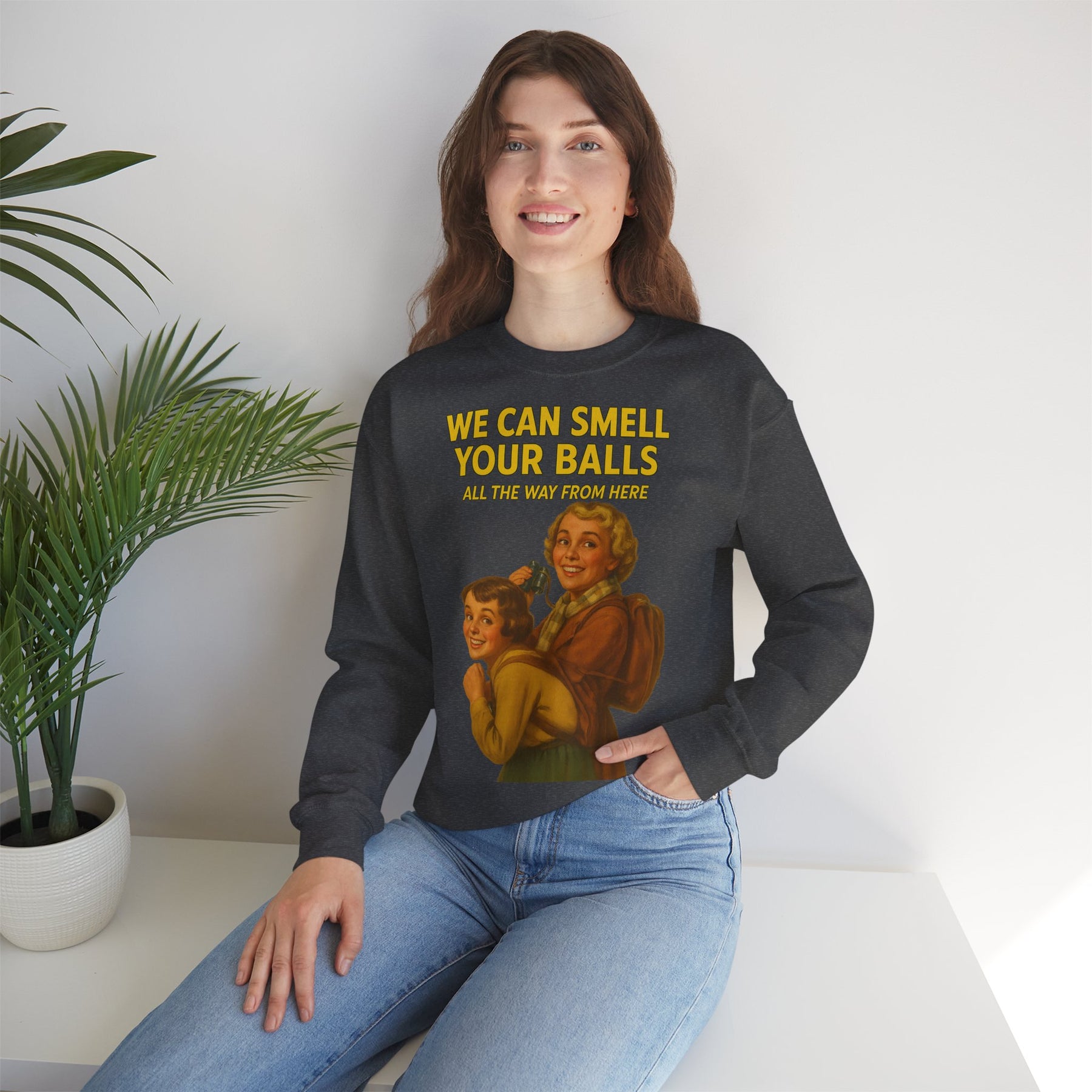 Sweatshirt – Vintage Sweatshirt – „We Can Smell Your Balls“ im Spioninnen-Stil | True Insights Design mit Humor