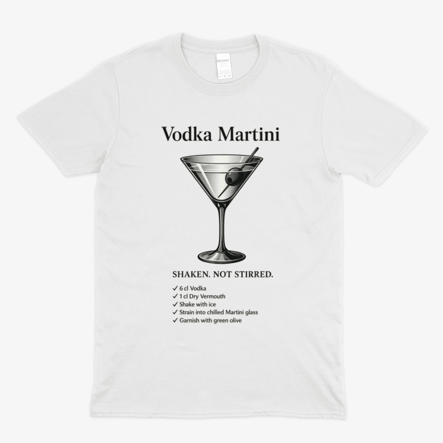 Weißes T-Shirt mit Schriftzug Vodka-Martini und Cocktail-Illustration im Vintage-Poster-Stil fuer Cocktail-Liebhaber.
