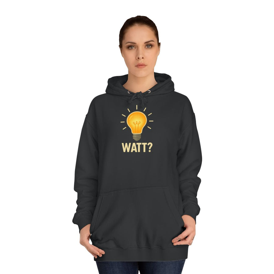 Lustiger Hoodie „Watt?“ – Das Wortspiel für Elektriker und Technikfans – Jet Black – von Frau getragen