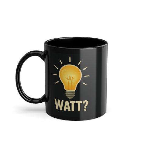 Die schwarze Keramiktasse mit humorvollem Glühbirnen-Motiv ist frontseitig fotografiert und zeigt das Design von True Insights.